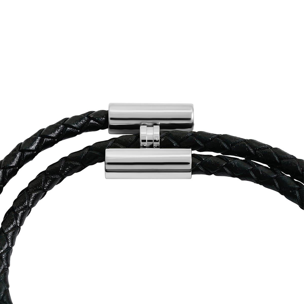 Black Leather Bracelet in Stainless Steel (7.00 In) image number 4