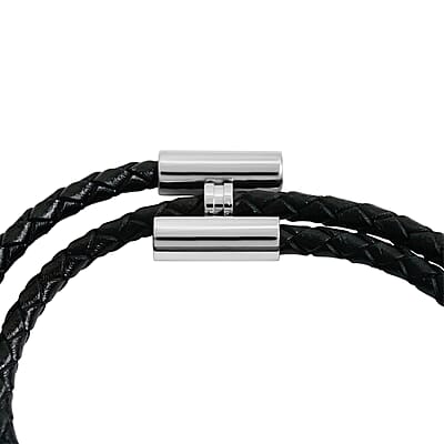 Black Leather Bracelet in Stainless Steel (7.00 In)