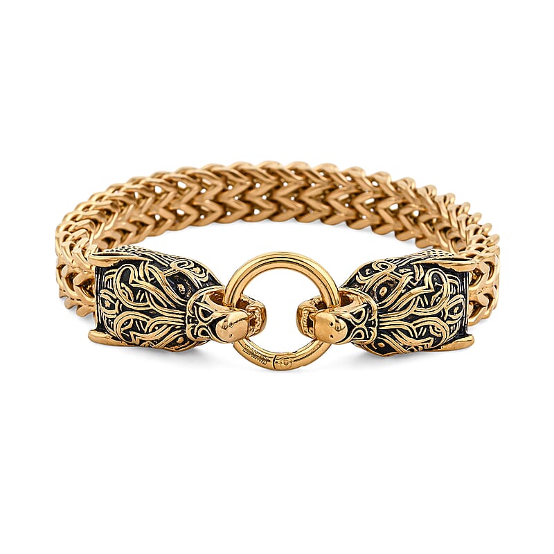 Viking Wolf Head Bracelet in ION Plated YG Stainless Steel (9.50 In)