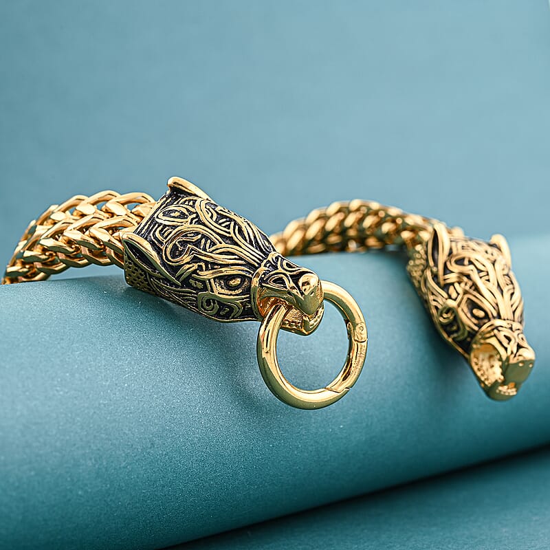 Viking Wolf Head Bracelet in ION Plated YG Stainless Steel (9.50 In)