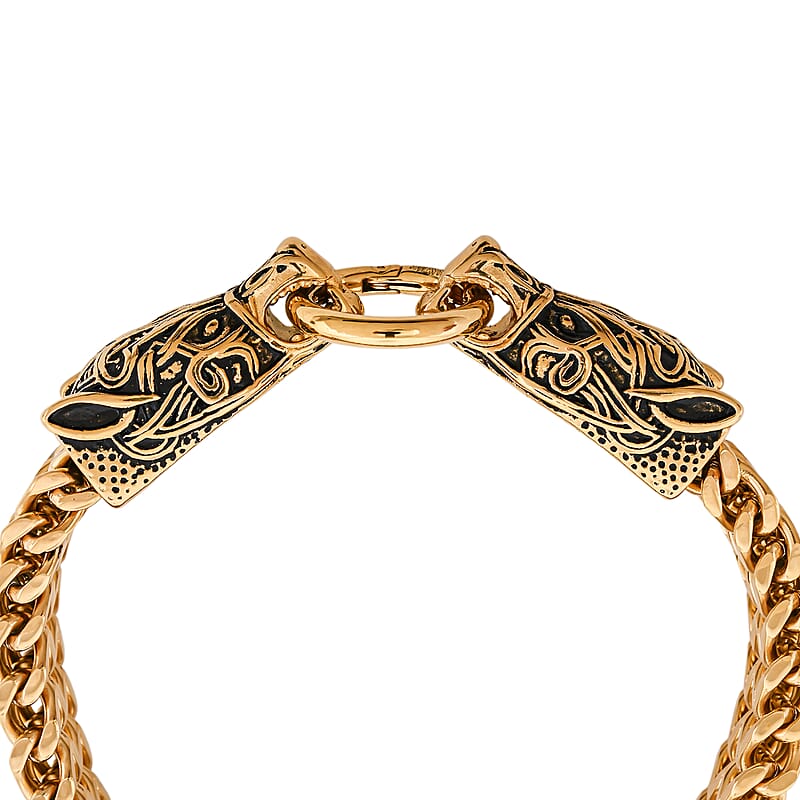Viking Wolf Head Bracelet in ION Plated YG Stainless Steel (9.50 In)
