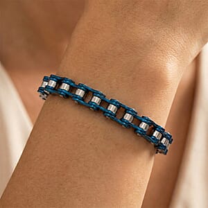 Silver & Blue Motorcycle Chain Bracelet in Stainless Steel (8.50 In)