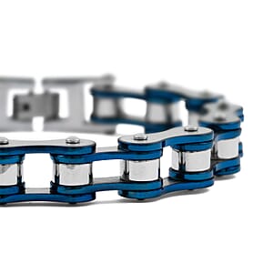Silver & Blue Motorcycle Chain Bracelet in Stainless Steel (8.50 In)