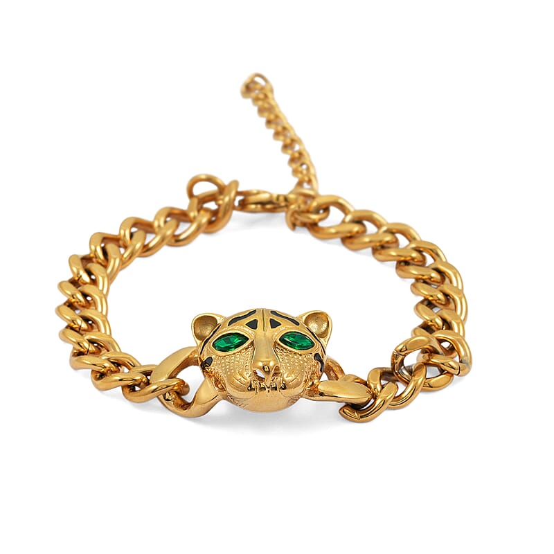Green Austrian Crystal Panther Head Curb Chain Bracelet in ION Plated YG Stainless Steel (7-9In)