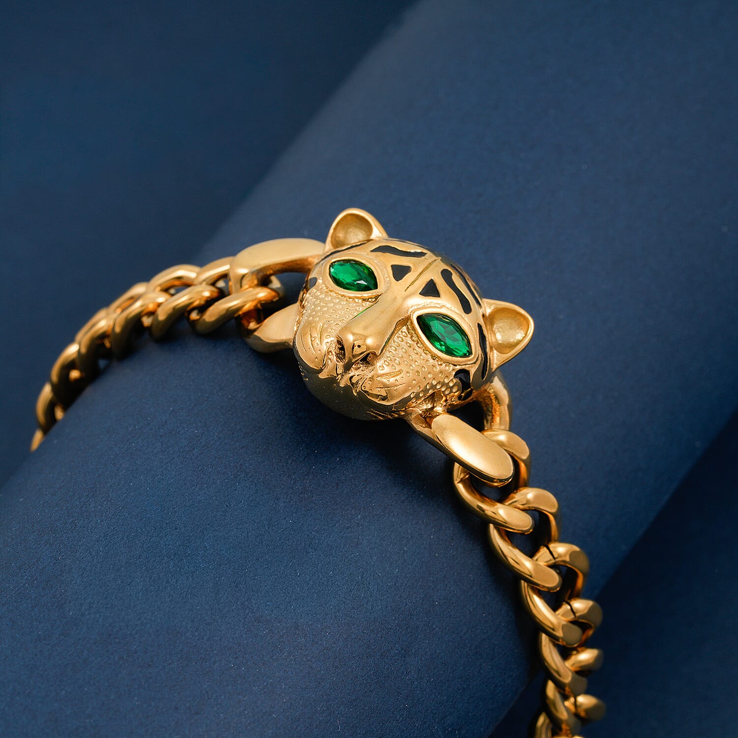 Green Austrian Crystal Panther Head Curb Chain Bracelet in ION Plated YG Stainless Steel (7-9In)
