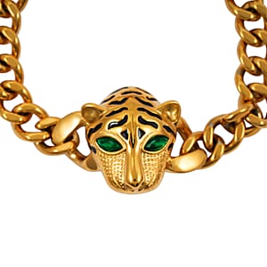 Green Austrian Crystal Panther Head Curb Chain Bracelet in ION Plated YG Stainless Steel (7-9In)
