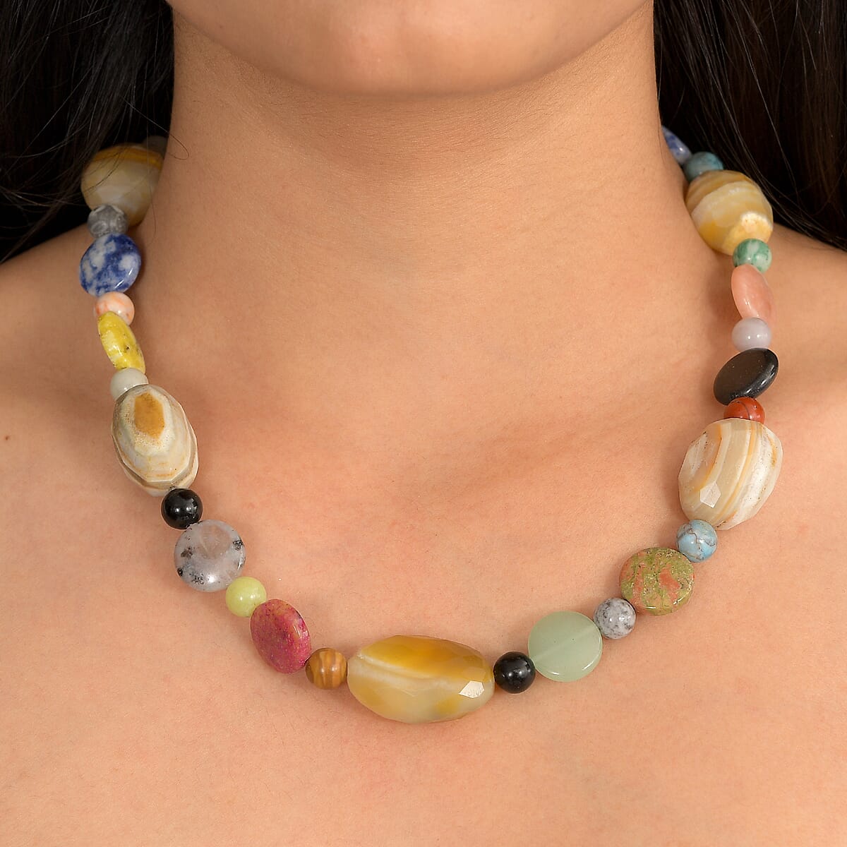 EverTrue Banded Agate and Multi Gemstone 360.00 ctw Beaded Necklace (18 Inches) in Platinum Bond image number 2
