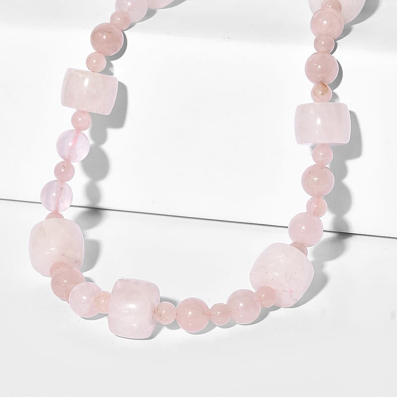 EverTrue Galilea Rose Quartz 393.00 ctw Beaded Necklace in Platinum Bond 18 Inches