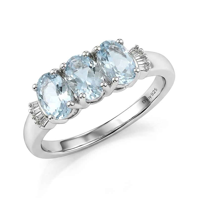 D'Joy Mangoro Santo Aquamarine, Diamond Ring in Rhodium Over Sterling Silver 1.30 ctw (Size 5.0)