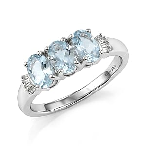 D'Joy Premium Mangoro Santo Aquamarine and Diamond 1.30 ctw Ring in Rhodium Over Sterling Silver (Size 7.0)