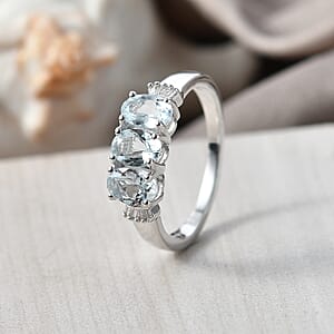 D'Joy Premium Mangoro Santo Aquamarine and Diamond 1.30 ctw Ring in Rhodium Over Sterling Silver (Size 7.0)