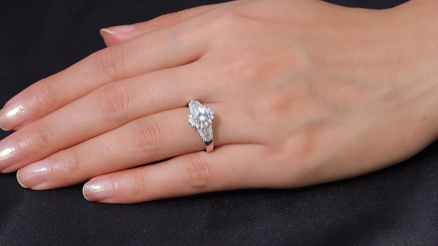 D'Joy Premium Mangoro Santo Aquamarine and Moissanite 1.30 ctw Ring in Rhodium Over Sterling Silver