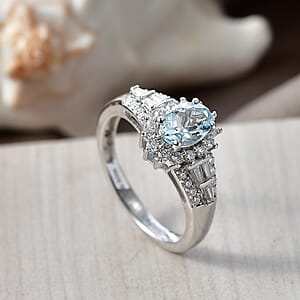 D'Joy Premium Mangoro Santo Aquamarine and Moissanite 1.30 ctw Ring in Rhodium Over Sterling Silver (Size 7.0)