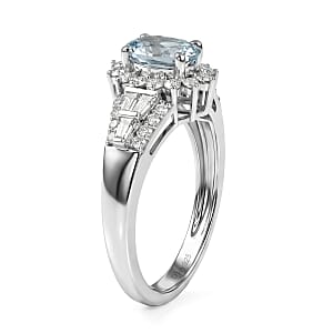 D'Joy Premium Mangoro Santo Aquamarine and Moissanite 1.30 ctw Ring in Rhodium Over Sterling Silver (Size 7.0)