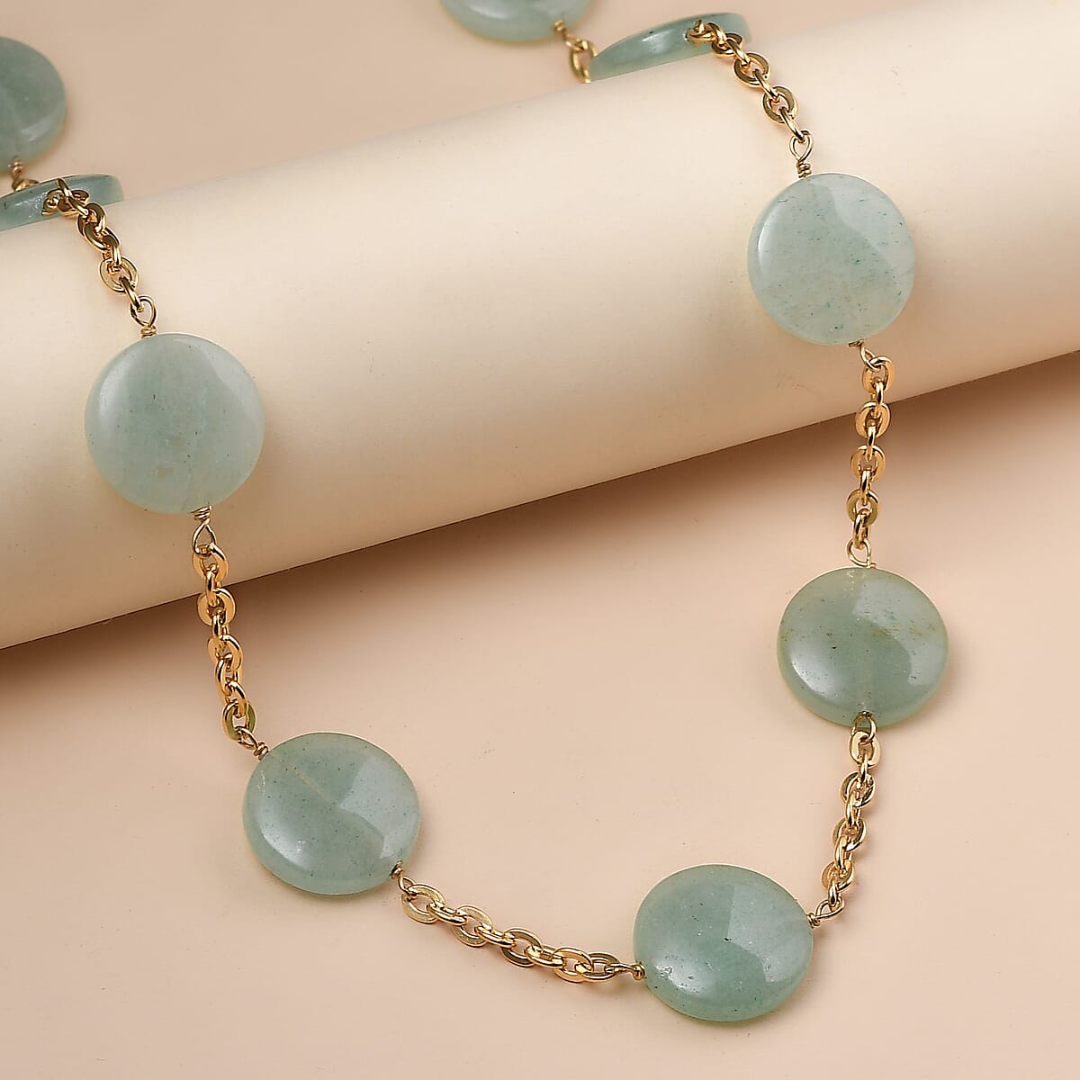 EverTrue Green Aventurine 105.00 ctw Beaded Necklace (24-26 Inches) in ION Plated YG Stainless Steel image number 1
