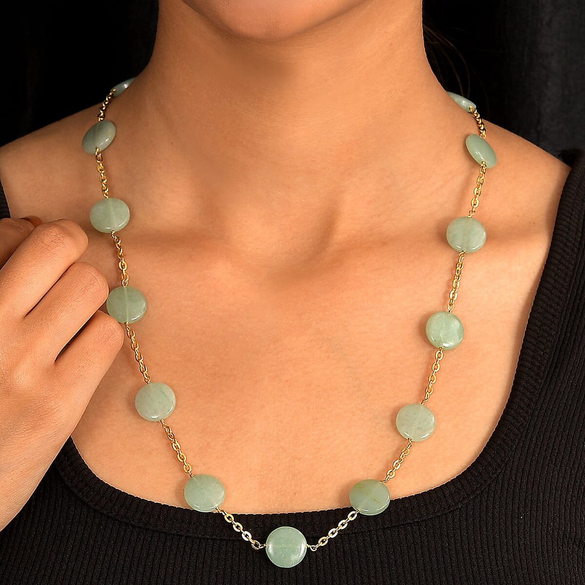 EverTrue Green Aventurine 105.00 ctw Beaded Necklace (24-26 Inches) in ION Plated YG Stainless Steel image number 2
