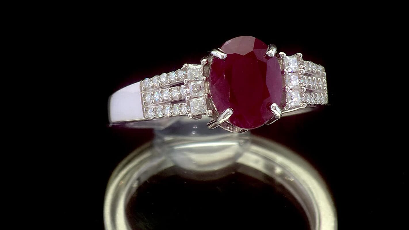 D'Joy AAA Natural Ruby, Moissanite Ring in Rhodium Over Sterling Silver (Size 10.0) 2.80 ctw