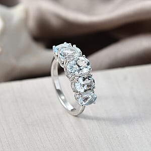 D'Joy Premium Mangoro Santo Aquamarine 3.25 ctw The Five-Stone Statement Ring in Rhodium Over Sterling Silver (Size 10.0)