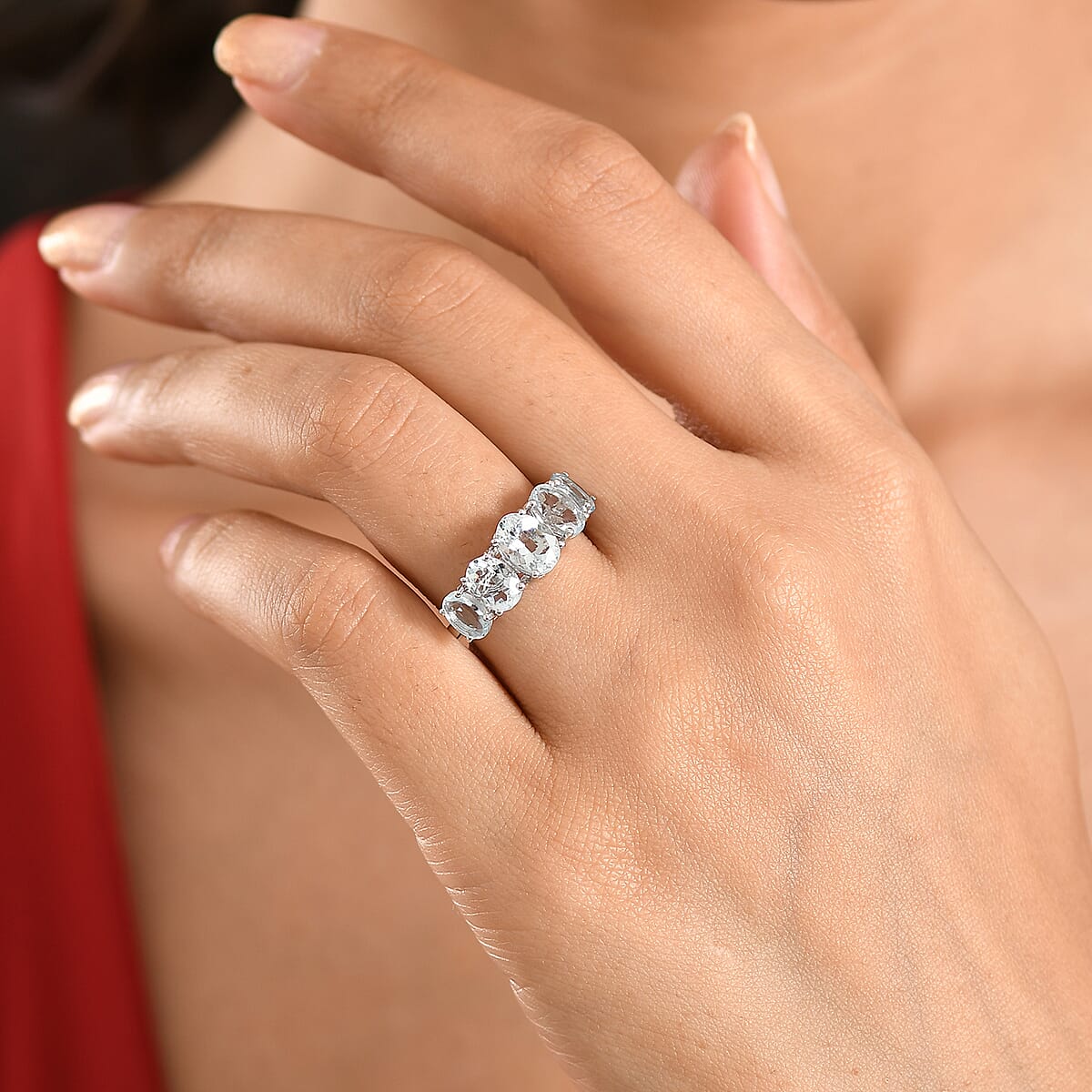 D'Joy Premium Mangoro Santo Aquamarine 3.25 ctw The Five-Stone Statement Ring in Rhodium Over Sterling Silver (Size 10.0) image number 2