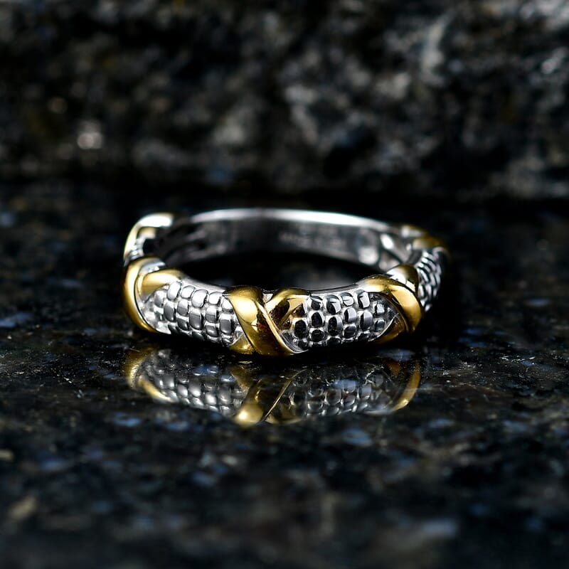 D'Joy XOXO Link Band Ring in 18K Vermeil YG and Rhodium Over Sterling Silver (Size 6.0) 3.80 Grams