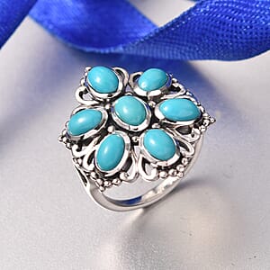 D'Joy Artisan Crafted Premium Sleeping Beauty Turquoise 3.10 ctw Floral Ring in Sterling Silver (Size 10.0)