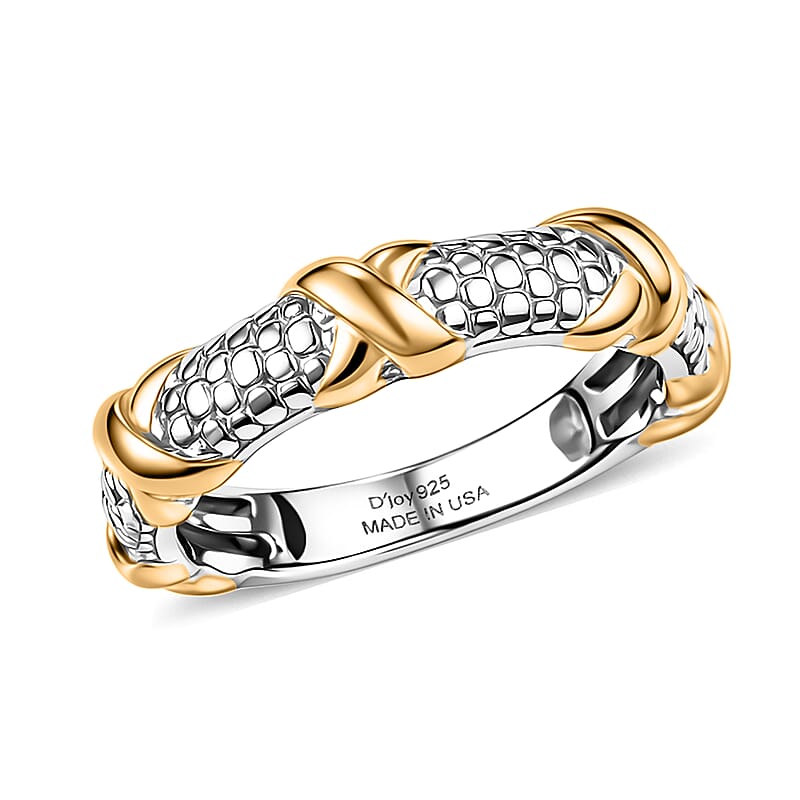 D'Joy XOXO Link Band Ring in 18K Vermeil YG and Rhodium Over Sterling Silver (Size 8.0) 3.80 Grams