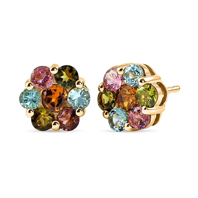 D'Joy Premium Multi-Tourmaline 2.10 ctw Color Blossom Stud Earrings in 18K Vermeil Yellow Gold Over Sterling Silver
