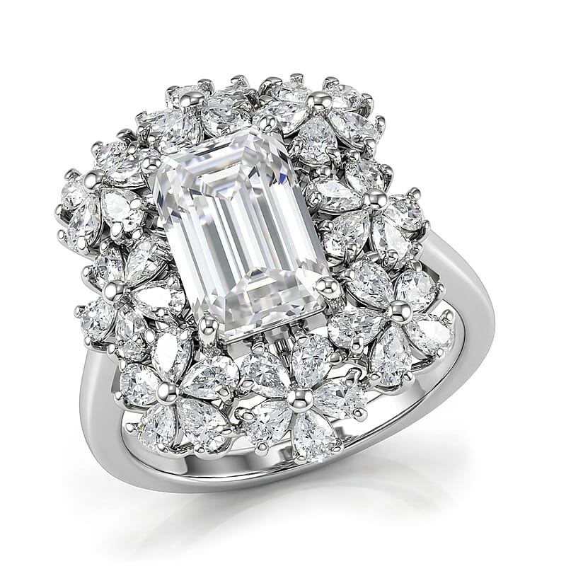 D'Joy Moissanite 5.35 ctw Plumeria Flower Ring in Rhodium Over Sterling Silver (Size 10.0)