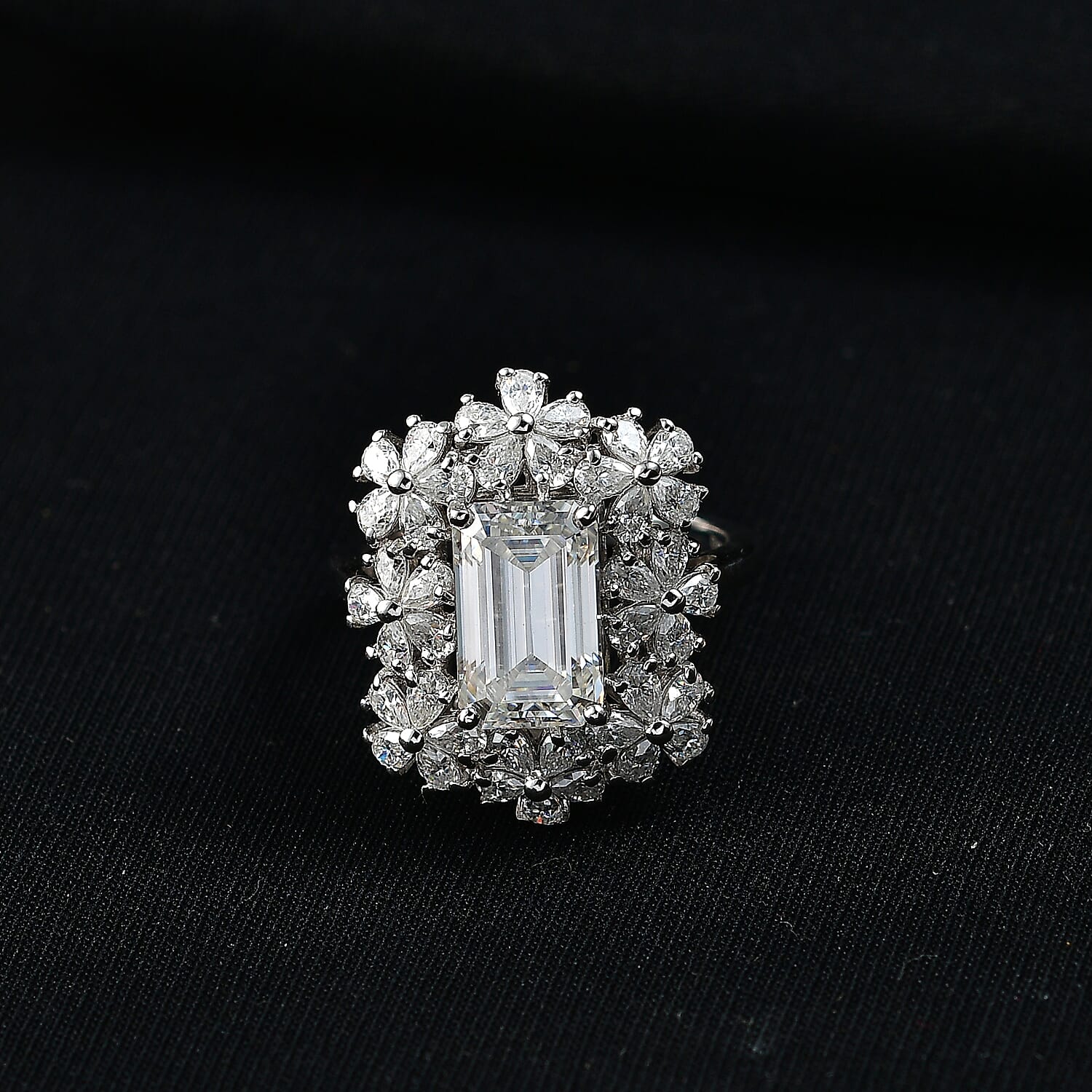 D'Joy Moissanite 5.35 ctw Plumeria Flower Ring in Rhodium Over Sterling Silver (Size 5.0)