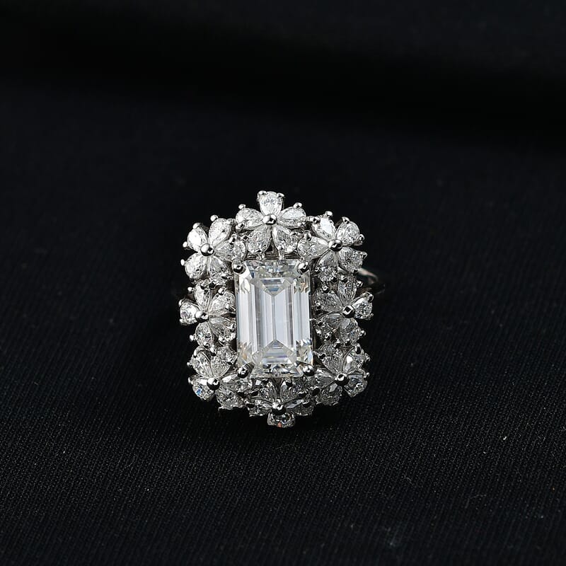 D'Joy Moissanite 5.35 ctw Plumeria Flower Ring in Rhodium Over Sterling Silver (Size 5.0)