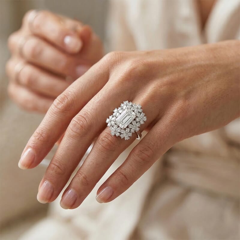 D'Joy Moissanite 5.35 ctw Plumeria Flower Ring in Rhodium Over Sterling Silver (Size 5.0)