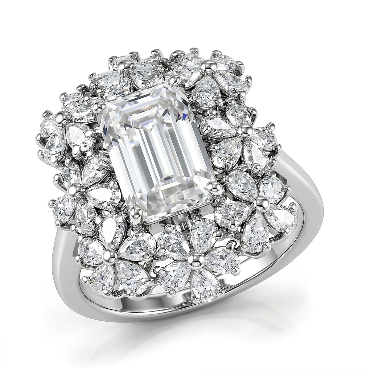 D'Joy Moissanite 5.35 ctw Plumeria Flower Ring in Rhodium Over Sterling Silver (Size 6.0)
