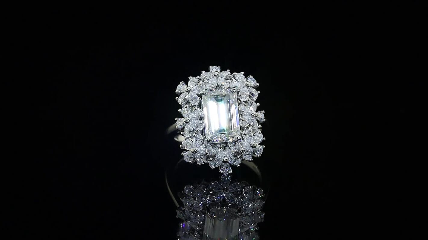 D'Joy Moissanite (Oct 11x7mm) Ring in Rhodium Over Sterling Silver (Size 10.0) 5.35 ctw