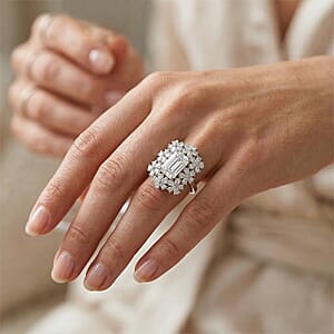 D'Joy Moissanite 5.35 ctw Plumeria Flower Ring in Rhodium Over Sterling Silver (Size 8.0)