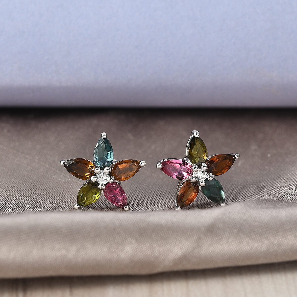D'Joy Premium Multi Tourmaline and White Zircon 2.35 ctw Earrings in Rhodium Over Sterling Silver image number 1