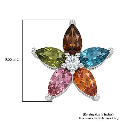 D'Joy Premium Multi Tourmaline and White Zircon 2.35 ctw Color Bloom Earrings in Rhodium Over Sterling Silver