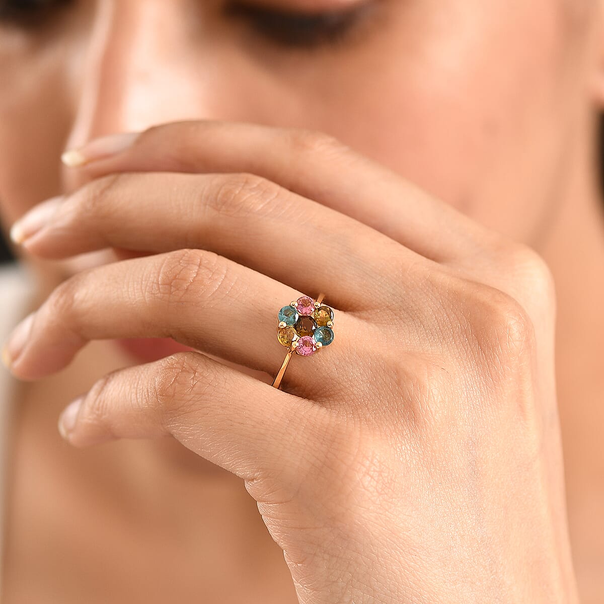 D'Joy Premium Multi Tourmaline 1.60 ctw Color Blossom Ring in 18K Vermeil Yellow Gold Over Sterling Silver (Size 10.0) (Del. In 8-10 Days) image number 2