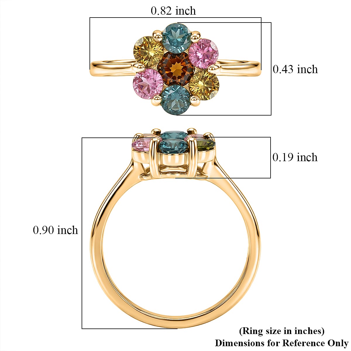 D'Joy Premium Multi Tourmaline 1.60 ctw Color Blossom Ring in 18K Vermeil Yellow Gold Over Sterling Silver (Size 10.0) (Del. In 8-10 Days)