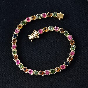 D'Joy Premium Multi-Tourmaline 7.85 ctw Spectrum Link Bracelet in 18K Vermeil Yellow Gold Over Sterling Silver (6.50 In)
