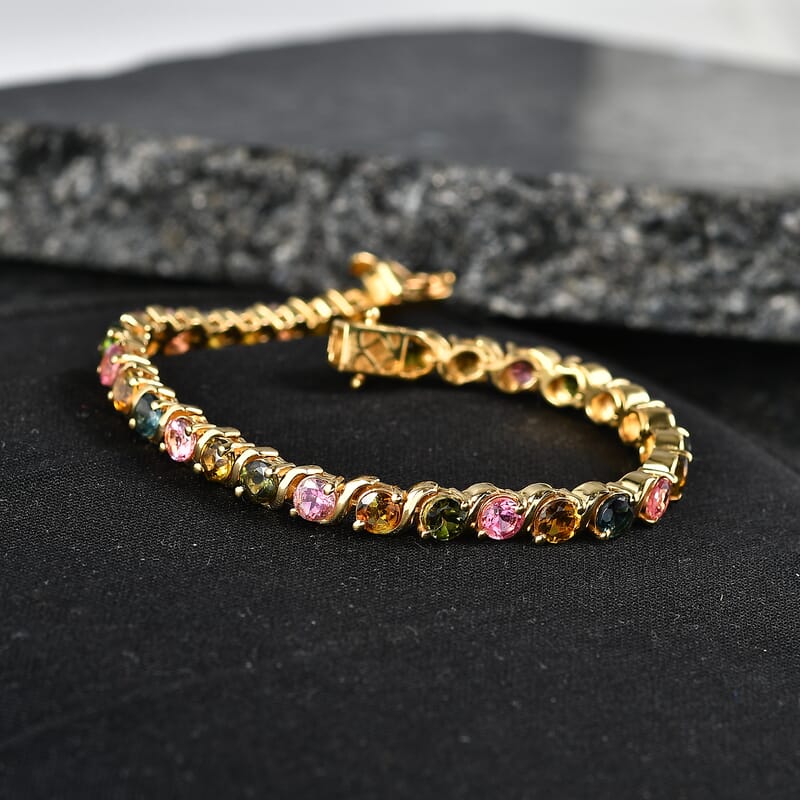 D'Joy Premium Multi-Tourmaline 7.85 ctw Spectrum Link Bracelet in 18K Vermeil Yellow Gold Over Sterling Silver (6.50 In)