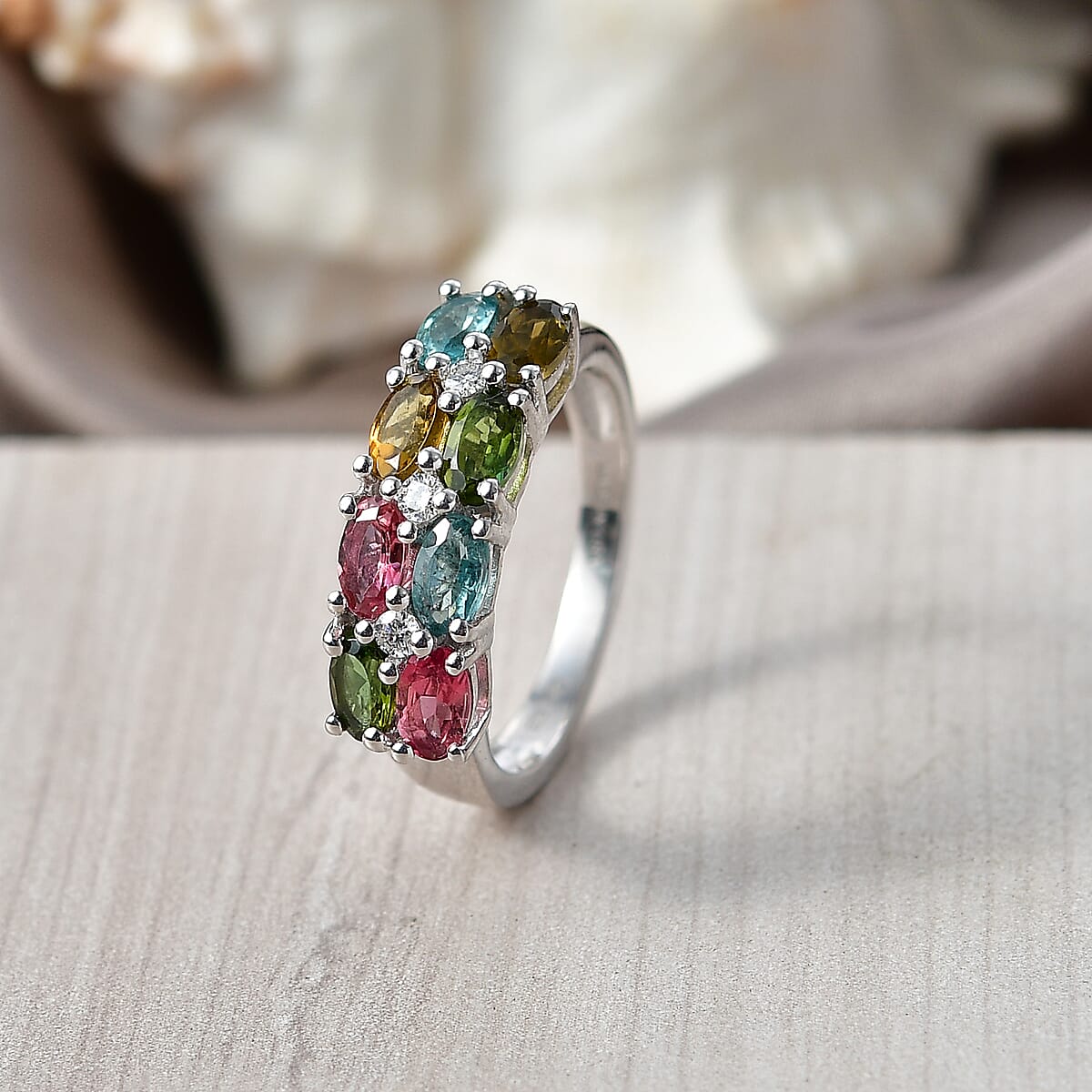 D'Joy Premium Multi Tourmaline, Moissanite Ring in Rhodium Over Sterling Silver (Size 10.0) 1.90 ctw image number 1