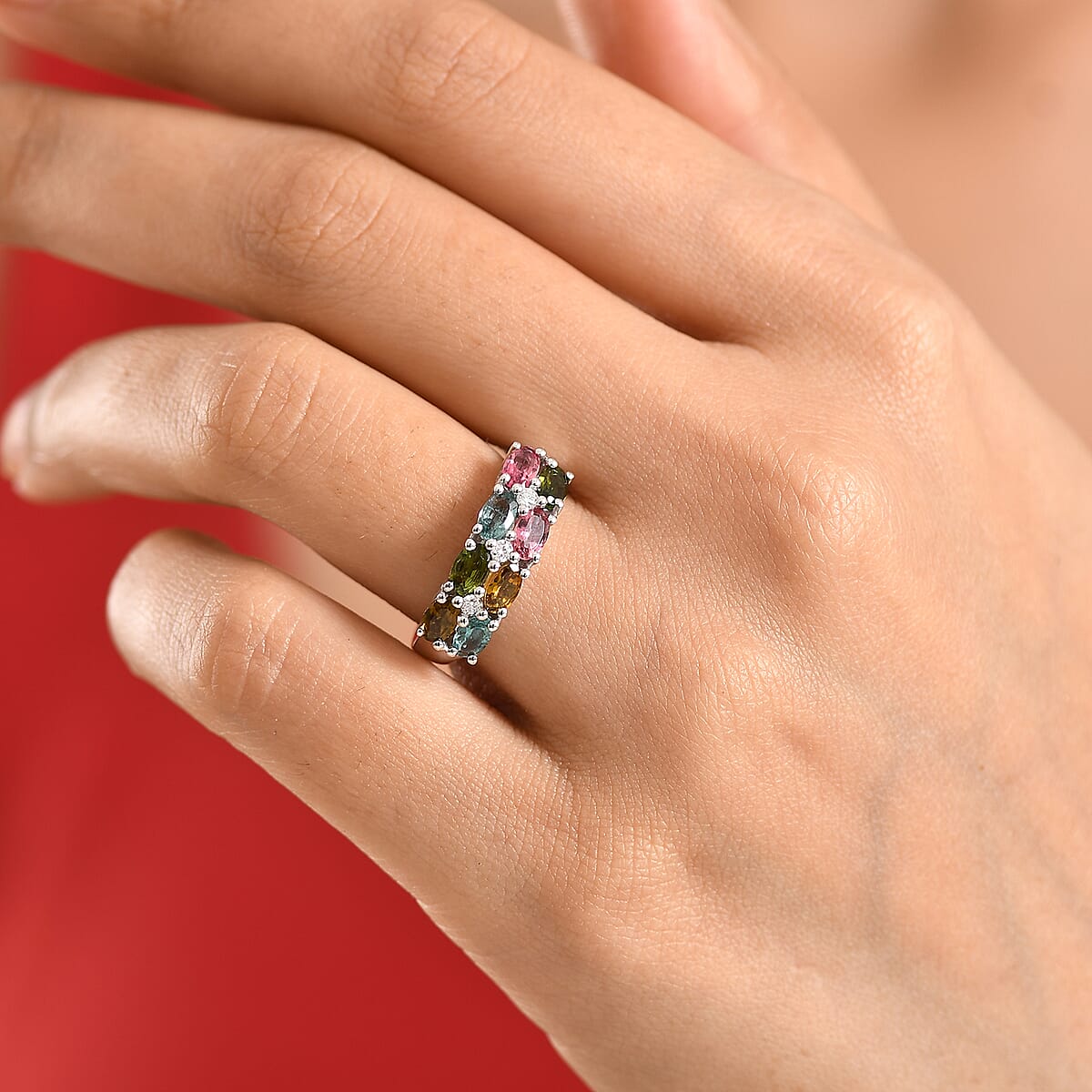 D'Joy Premium Multi Tourmaline, Moissanite Ring in Rhodium Over Sterling Silver (Size 10.0) 1.90 ctw image number 2