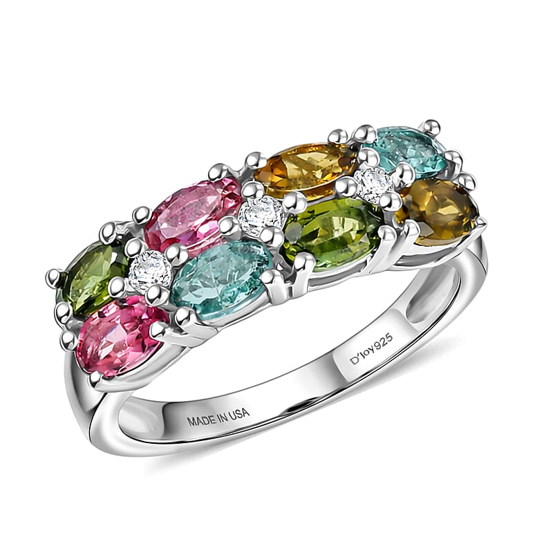 D'Joy Premium Multi Tourmaline and Moissanite 1.90 ctw Color Bliss Ring in Rhodium Over Sterling Silver (Size 5.0)
