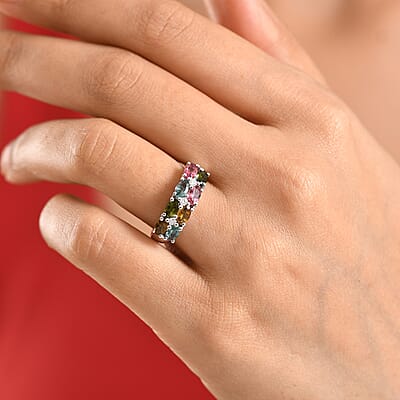 D'Joy Premium Multi Tourmaline and Moissanite 1.90 ctw Color Bliss Ring in Rhodium Over Sterling Silver (Size 5.0)