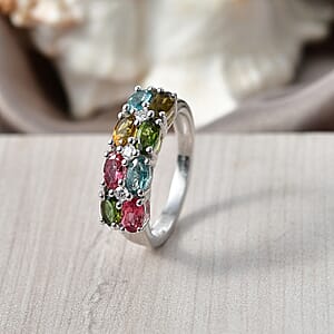 D'Joy Premium Multi Tourmaline, Moissanite Ring in Rhodium Over Sterling Silver (Size 10.0) 1.90 ctw