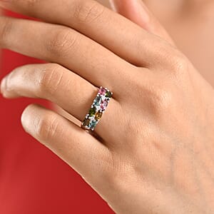 D'Joy Premium Multi Tourmaline, Moissanite Ring in Rhodium Over Sterling Silver (Size 10.0) 1.90 ctw