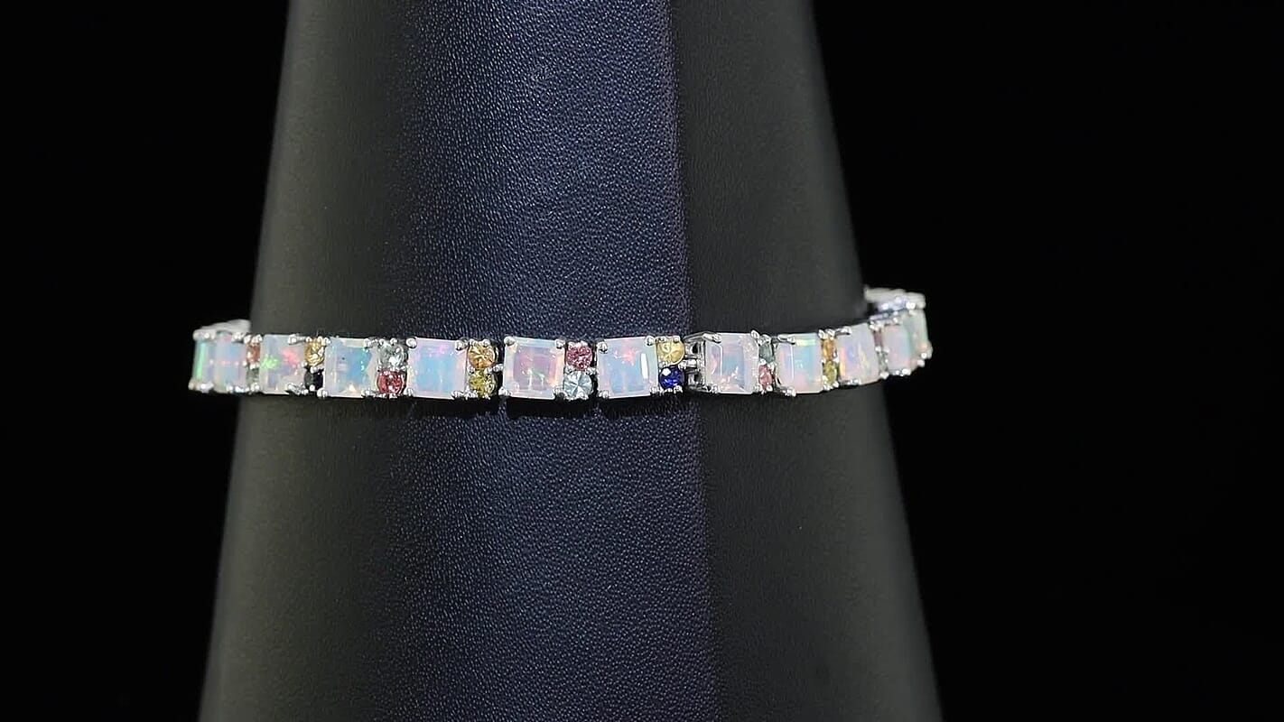 D'Joy Premium Ethiopian Welo Opal and Multi Sapphire 12.60 ctw Bracelet in Rhodium Over Sterling Silver (7.25 In)