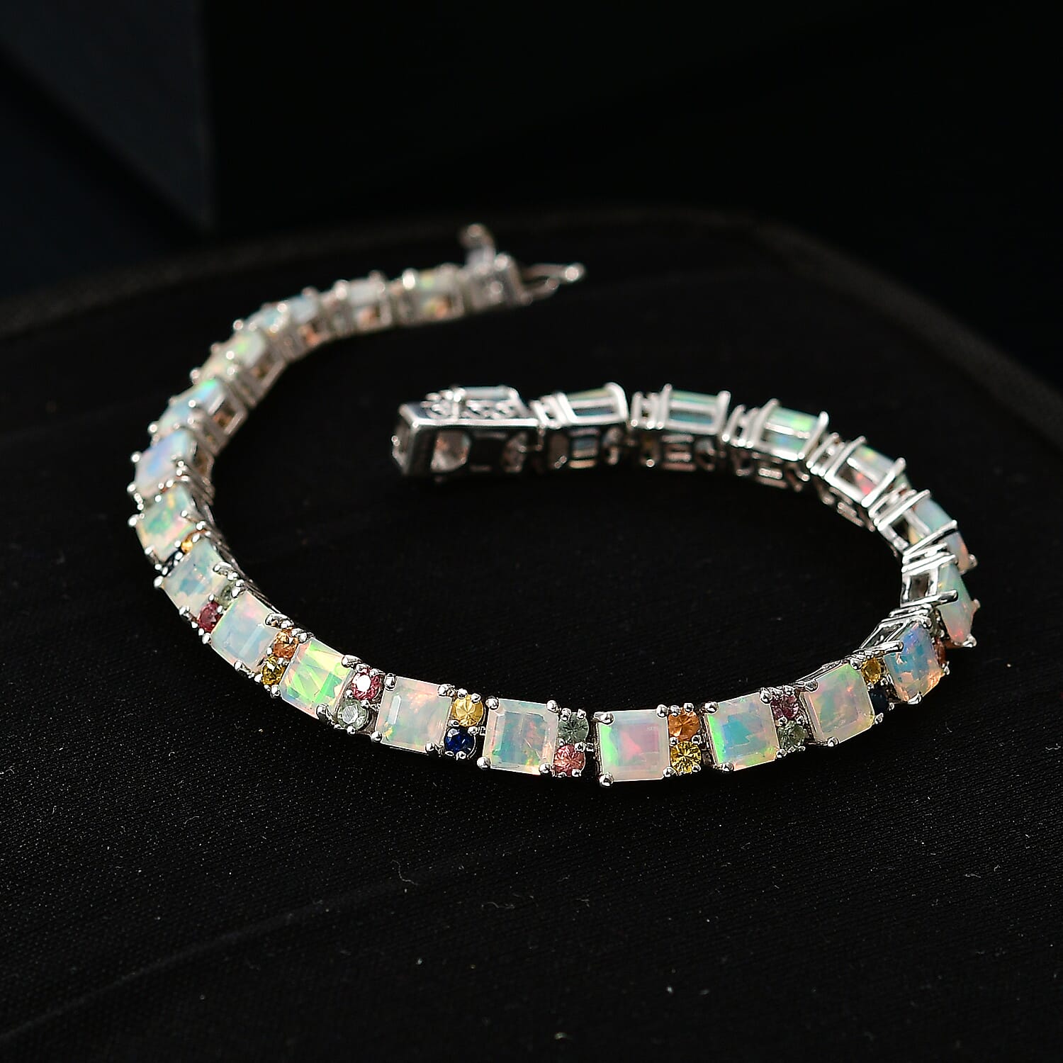 D'Joy Premium Ethiopian Welo Opal and Multi Sapphire 12.60 ctw Bracelet in Rhodium Over Sterling Silver (7.25 In)