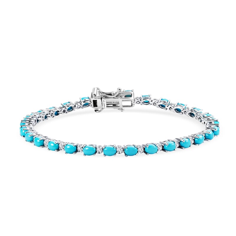 Premium Sleeping Beauty Turquoise and Luxuriant Lab Grown Diamond G-H SI 4.50 ctw Skyline Legacy Bracelet in Rhodium Over Sterling Silver (7.25 In)
