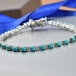 Premium Sleeping Beauty Turquoise and Luxuriant Lab Grown Diamond G-H SI 4.50 ctw Skyline Legacy Bracelet in Rhodium Over Sterling Silver (7.25 In)